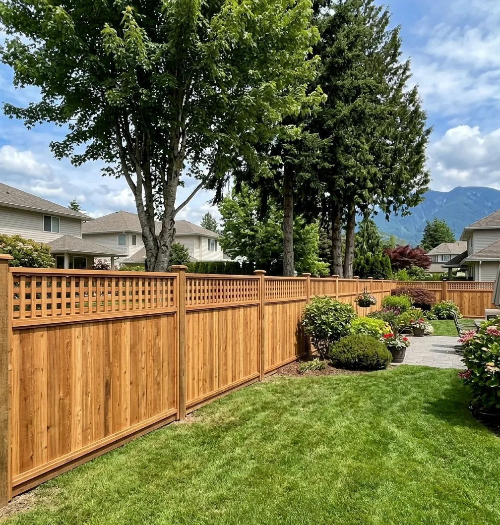 Cedar lattice top fence in British Columbia backyard